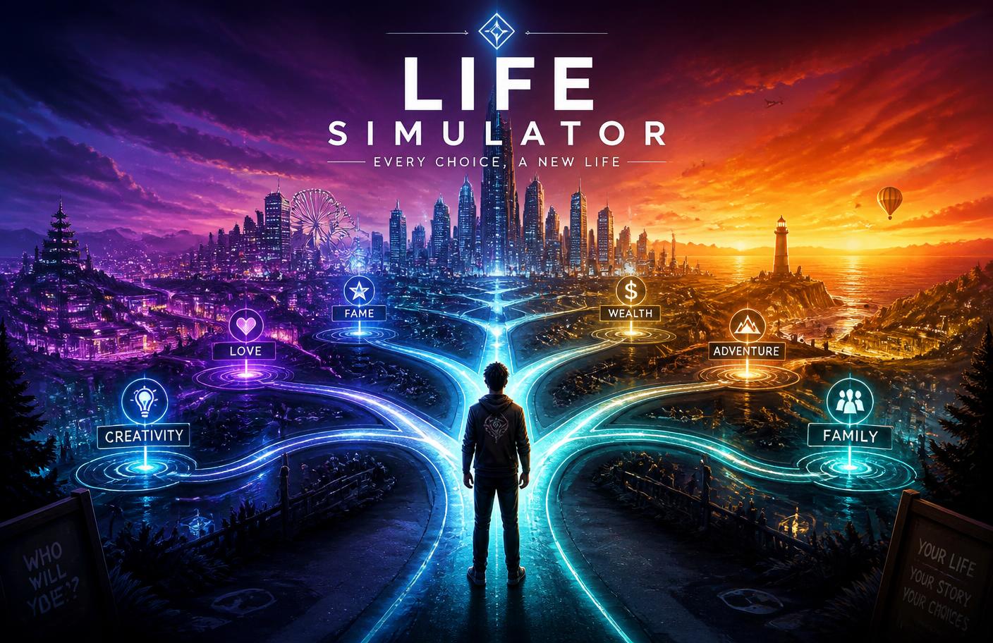 Purpose Game key art showing branching neon life paths
